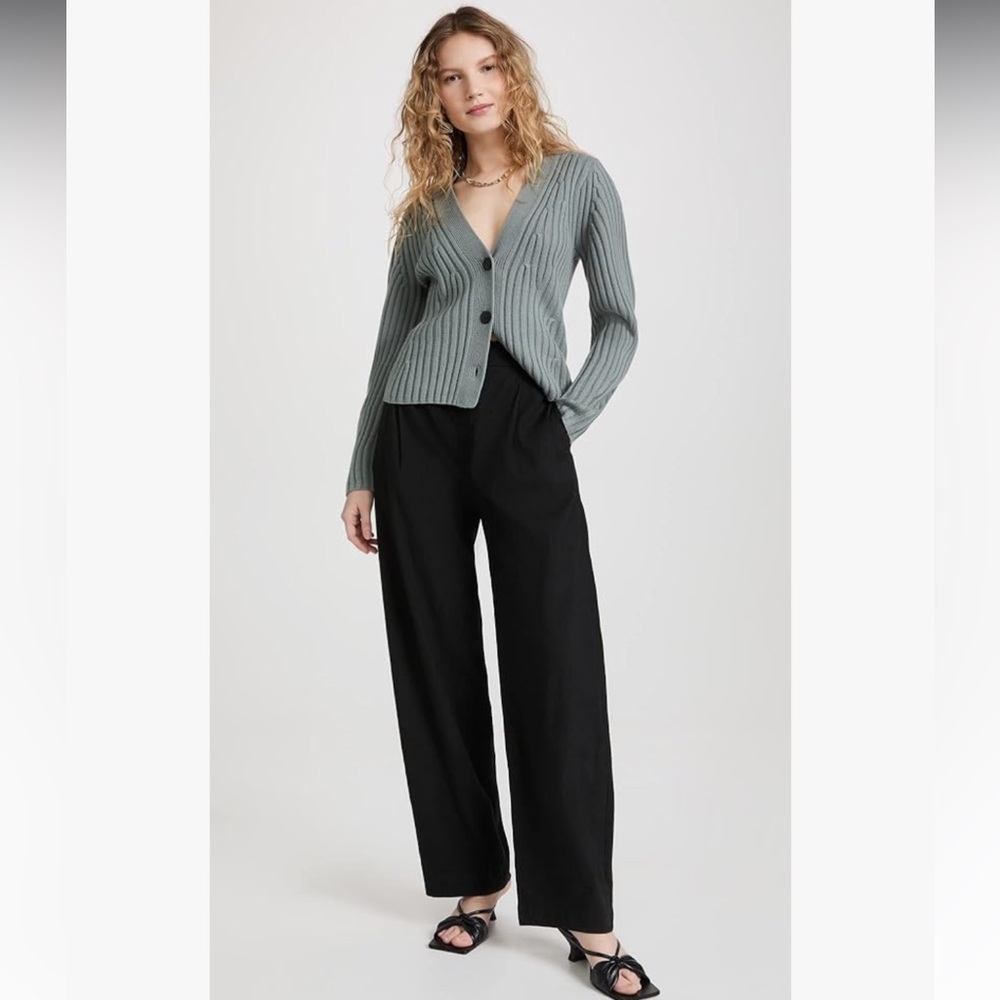 Vince Linen Blend Pleated Wide Leg Pull On Lightweight Black Pants, Medium